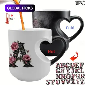1pc Magical Color Changing Coffee Mug With 26 Alphabet Options floral letter pattern | 11oz Unique Aesthetic Heart Design, Perfect for Birthdays, MotherS Day, Valentine'S Day, and Holiday Gifts - Ceramic Cup Drinkware #GLOBAL PICKS