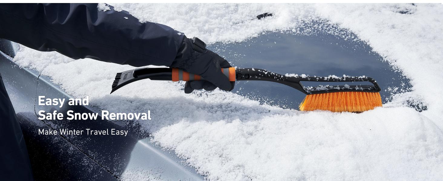 AstroAI 27" Snow Brush and Detachable Ice Scraper with Ergonomic Foam Grip for Cars, Trucks, SUVs (Heavy Duty ABS, PVC Brush, Orange)