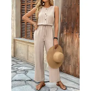 Summer elegant jumpsuit 1 piece round neck sleeveless breathable cool with back lacy pattern comfortable breathable fabric
