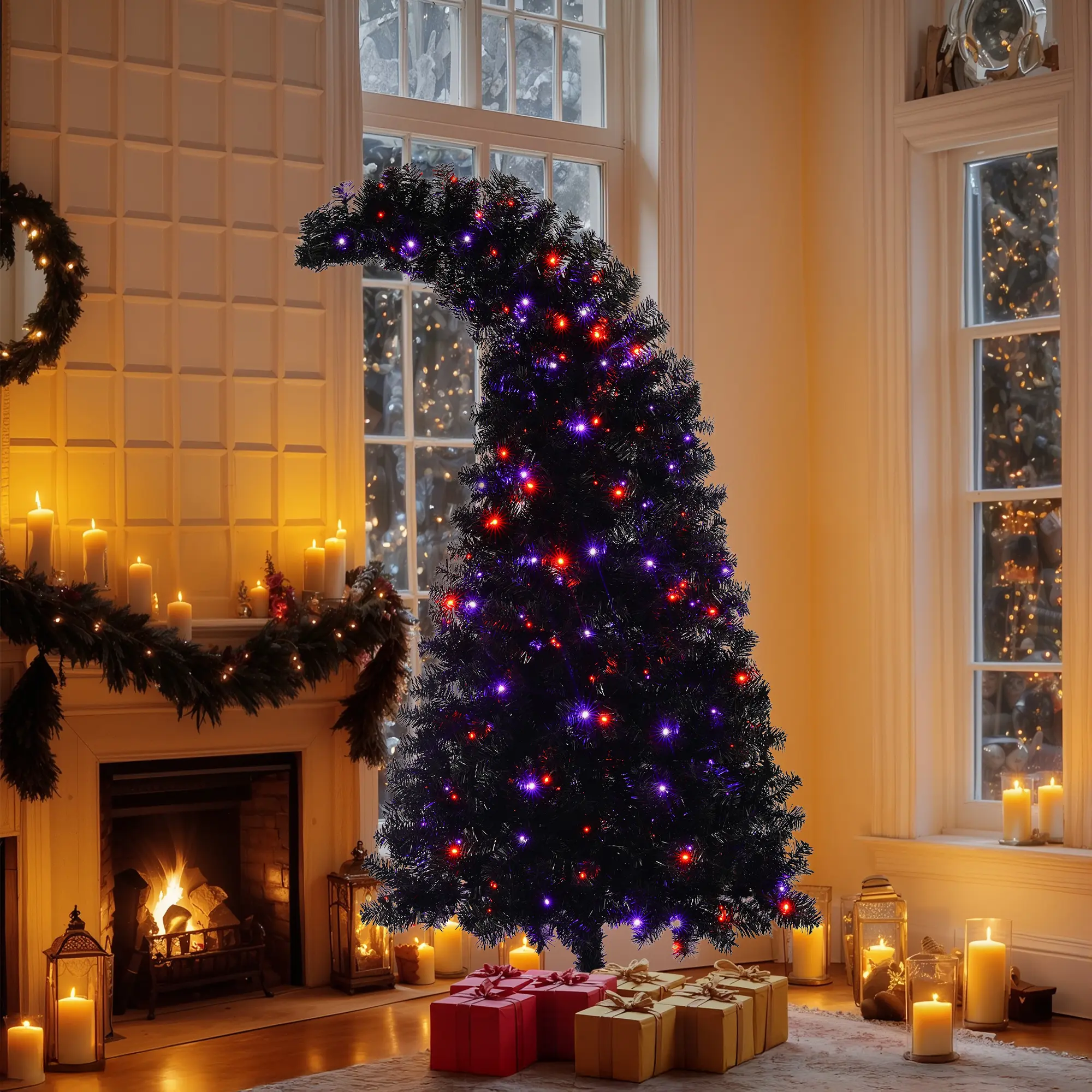 6FT Artificial Christmas Tree with LED Light, Pre-Lit Curved Shape Artificial Whimsical Xmas Tree with 900 Tips, Black Christmas Tree