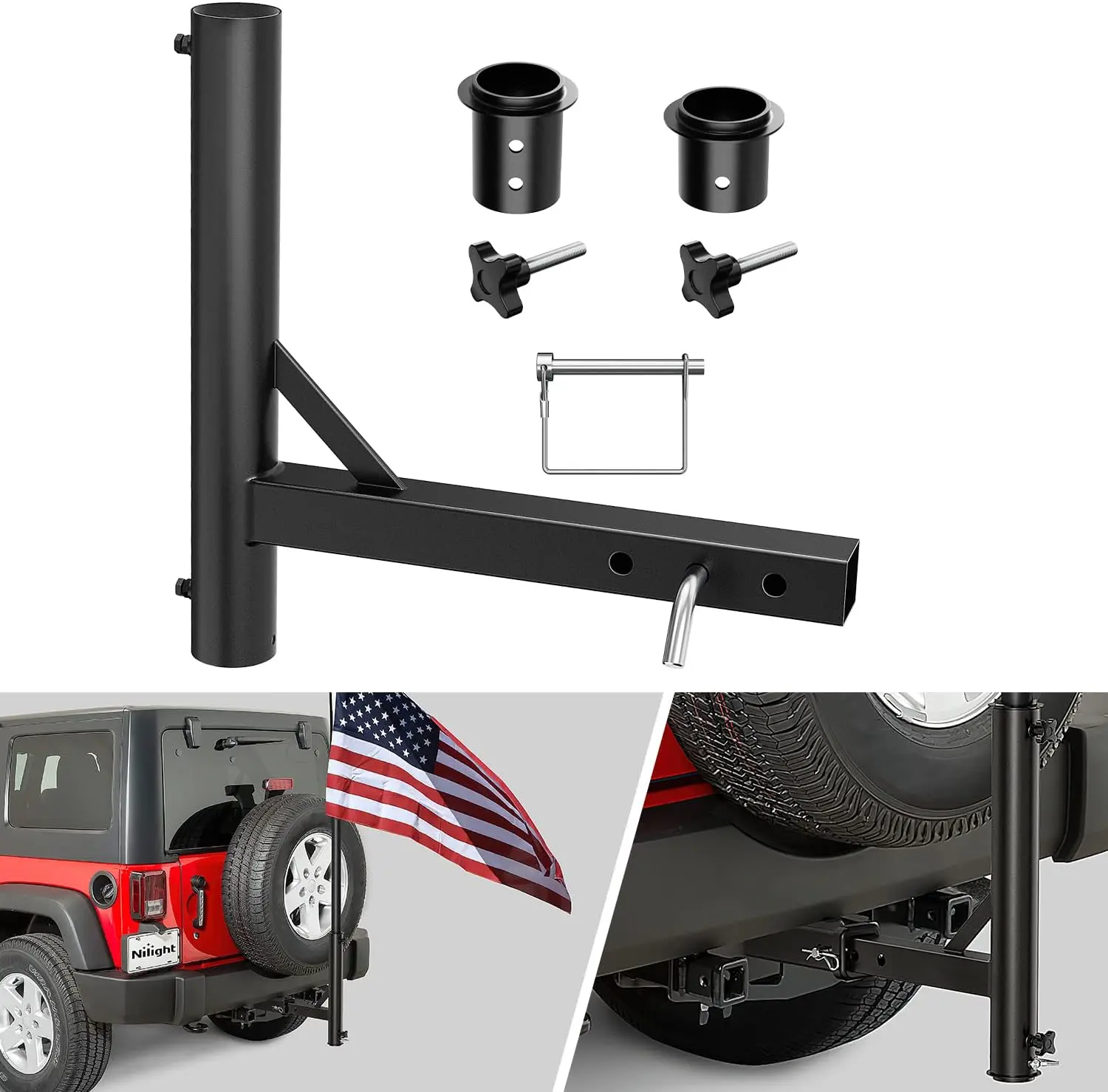 Nilight Heavy-Duty Steel Hitch Mount Flagpole Holder with 2-Inch Spacers & Knob Type Bolts, Stable Hold for 1-2.3" Flag Tubes & 2" Receivers, Easy-Install Outdoor Kit for RV/Pickup Users, Memorial Day, National Day Car Exterior Accessory