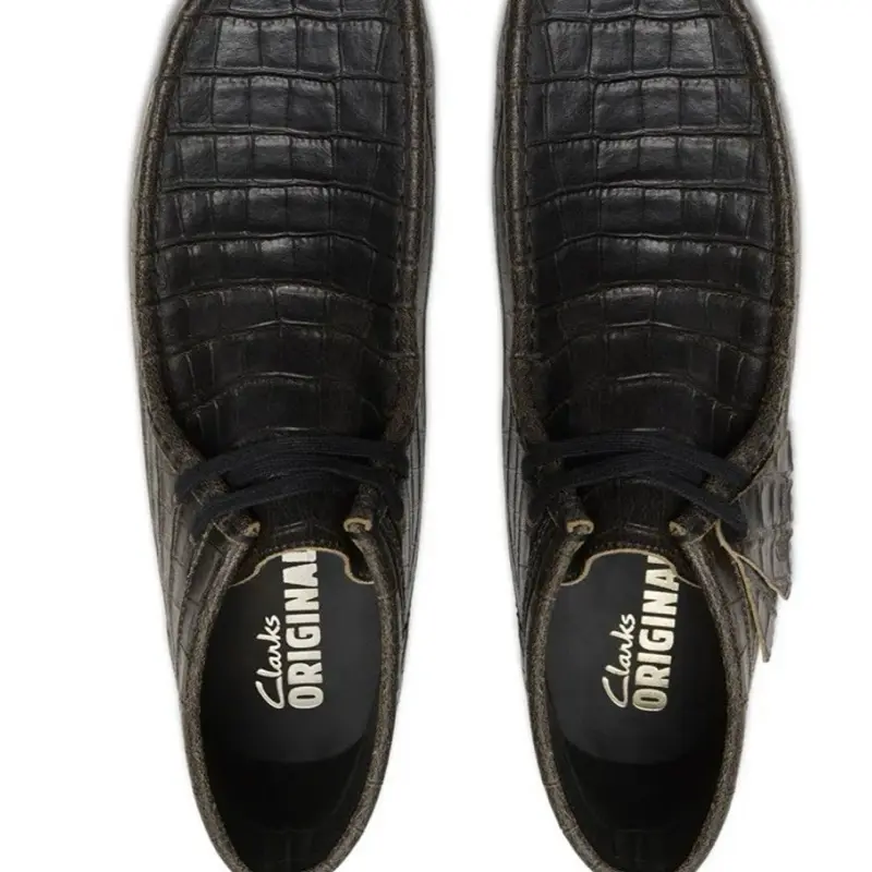 Clarks Originals Black Croc-Embossed Wallabee Boot - Distressed Leather, Breathable Lining, Crepe Sole, Tokyo Urahara Inspired