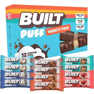 BUILT Bar Puff Protein Bars - Variety Pack - 15-17g Protein Snack Bars with Collagen - Calorie Conscious & Gluten Free - 12 Count, Variety May Vary