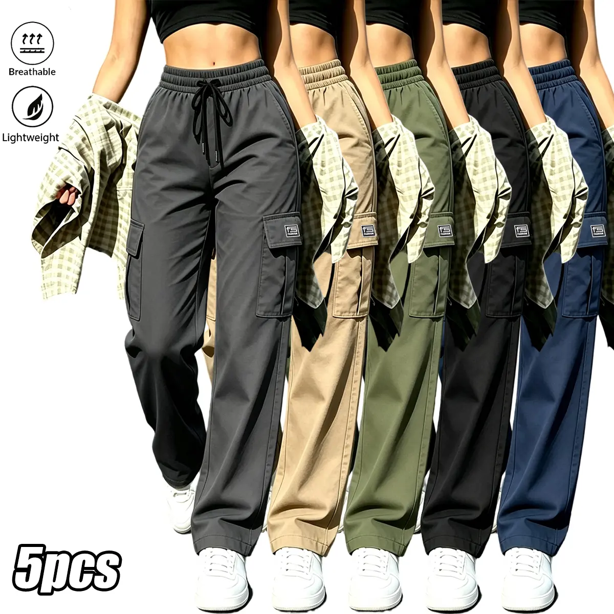 5-Pack Women’s Casual Long Pants — Multi-Pocket Cargo Pants, Solid Color, for Going Out and Streetwear in Spring/Autumn; New Arrival Fashion Women’s Multi-Pocket Cargo Pants with Elastic Waistband, Suitable for Sports and Outdoor Activities
