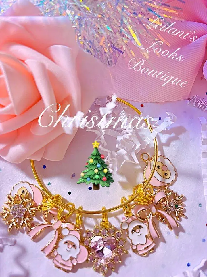 Leilani's Looks Boutique Pink Christmas Bangle Bracelet with Gold Charm Pink Crystal Heart Santa Charms Bows Snowflakes and Free Earrings
