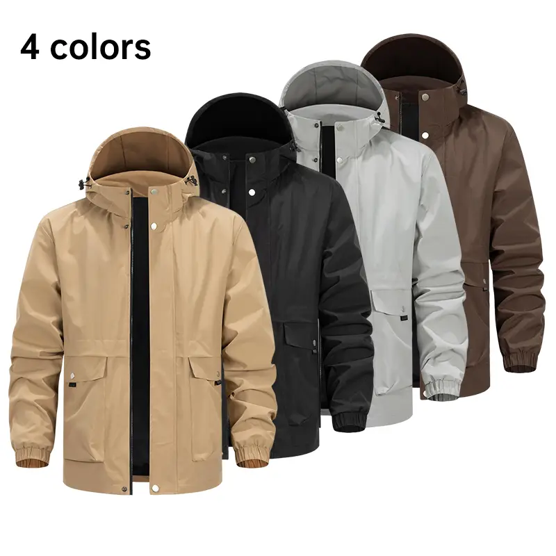 Men’s outdoor hooded windproof jacket, sporty casual style, zippered pockets, suitable for leisure wear, outdoor activities, cycling, hiking, hunting, climbing, mountaineering, camping, and work.