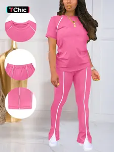 Summer Fashion New Round Neck Solid Color Striped Patchwork Short Sleeve Fitted Top with Long Pants Set, Women's Two-Piece