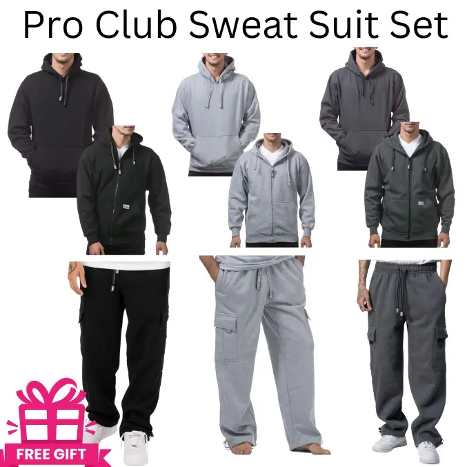 Pro Club Men's 2-Piece Menswear Tracksuit Set - Zip-Up Hoodie, Matching Cargo Sweatpants, Casual Long-Sleeve Plain Top in Black, Heather Gray, Charcoal Gray (Polyester-Cotton Blend), Stylish, Pocket, Clothes