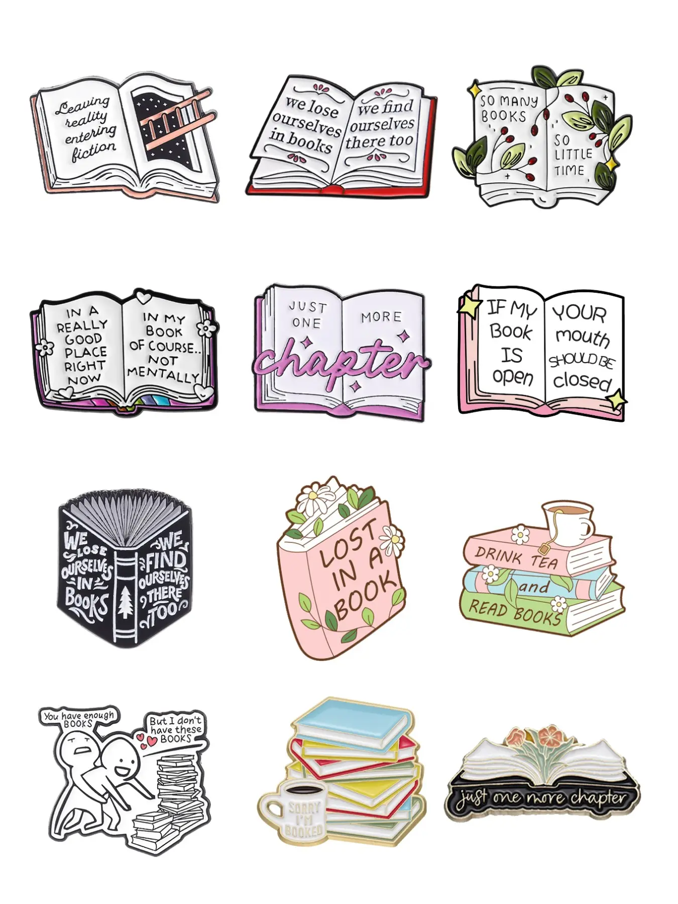 12pcs Book Lover Enamel Pin Set, Funny Reading Quote Alloy Brooch Pin, Bookworm Lapel Pins, Perfect Gift for Literature Fans, Durable & Stylish Accessories