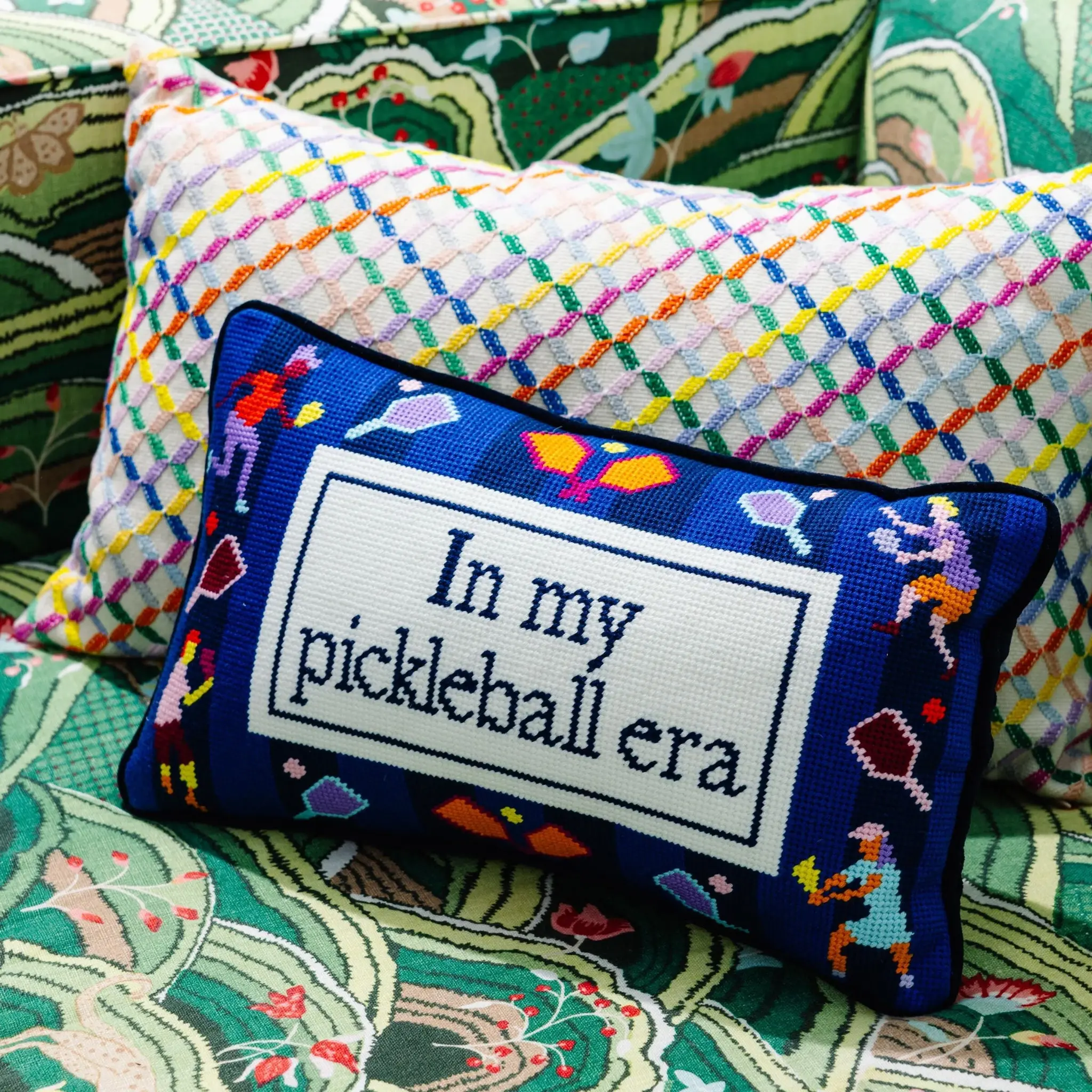 Needlepoint Pickleball Pillow - Velvet Fabric, 9"x15" Size, Playful Prints, Uniquely-You Sayings, Perfect Gift for Pickleball Enthusiasts
