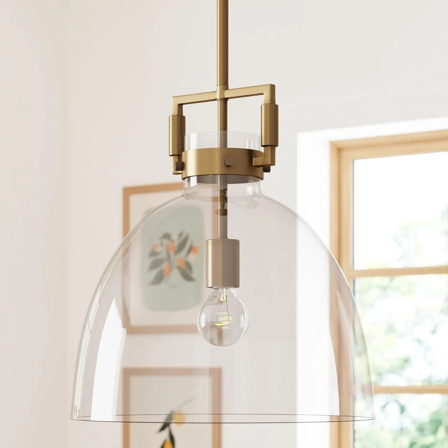 Nathan James Leigh Antiqued Brass Metal Pendant Hanging Lamp - Black/Clear, Oversized Transparent Glass Shade, AC Power Supply, Line Voltage, Adjustable Cord, Indoor Use for Kitchen Island, Entryway