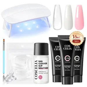 Poly Nail Gel  Starter Kit with U V Lamp 3PC Poly Extension Gel Clear Pink White Nail Art Quick Building Gel Manicure Kits Gift for Women DIY