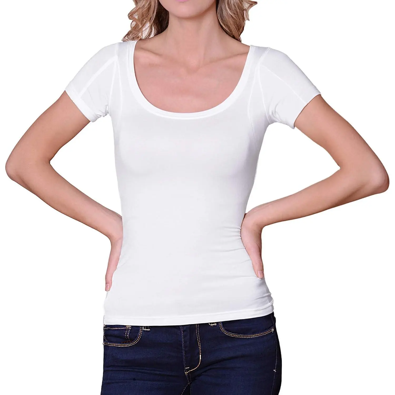 Sweatproof Undershirt for Women, Scoop , White, Armpit  Pads, Stops Underarm ,  Proof Undergarment