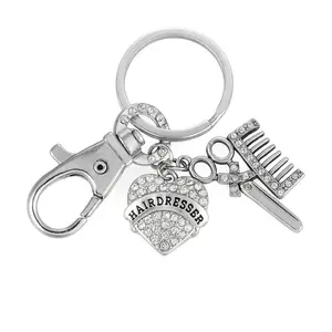 Hairdresser Stylist Scissors Comb Crystal FOB Keychain Silver Key Chain Rhinestone Keyring Hair Stylist Gift Cute Stainless Steel 1 Inch Charm