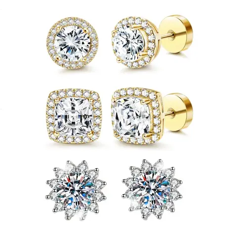 UVPYRUX Women's Luxury 3-Pair Cubic Zirconia Stud Earrings Set - Gold-Silver 2-Tone, Round/Square/Heart Styles, Hypoallergenic Brilliant Earring Stack with Bling Effect for Daily Wear Gift