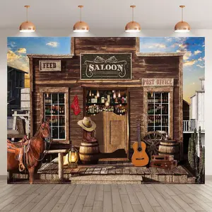 2D banner1pcs Western Cowboy Photography Backdrop Rustic Country Bar Wooden House Wild West Background Children Adults Party Decorations Photo Banner Booth Portrait,Photography Studio,Video Backdrops,Indoor Backdrops,Party Decoration Supplies