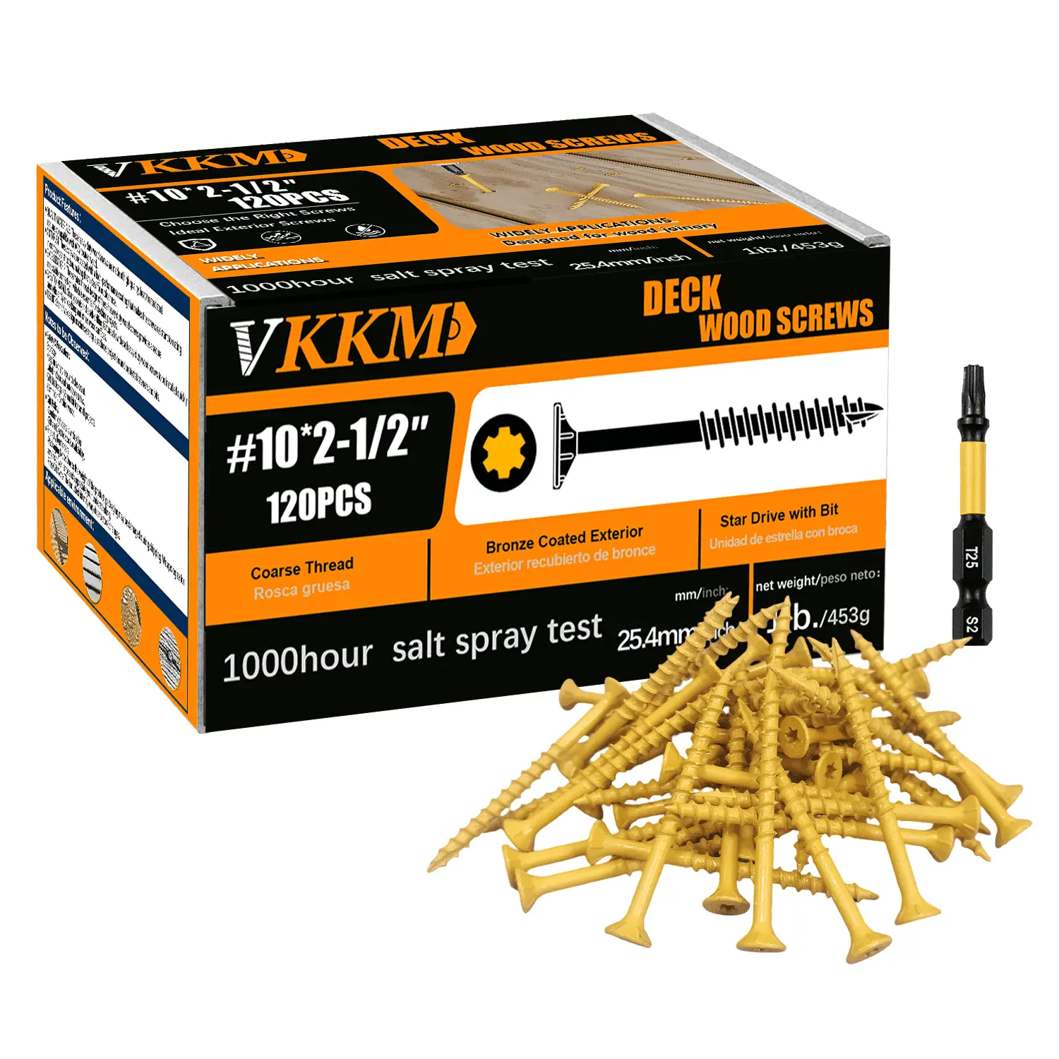 VKKM 120Pcs #10 x 2.5In Bronze Coated Torx Countersunk Wood Screws, Hardened Carbon Steel Anti-Rust Self-Tapping Fasteners with Free T25 Bit for Cabinet, Woodworking DIY Projects on Wood Surfaces