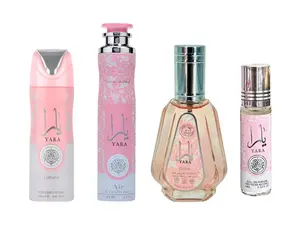 (4pc Bundle Pack) 10oz Yara Air Freshener + 1.7oz Yara EDP + 200ml Yara Body Spray + 10ml Yara Roll-On Oil by Lattafa