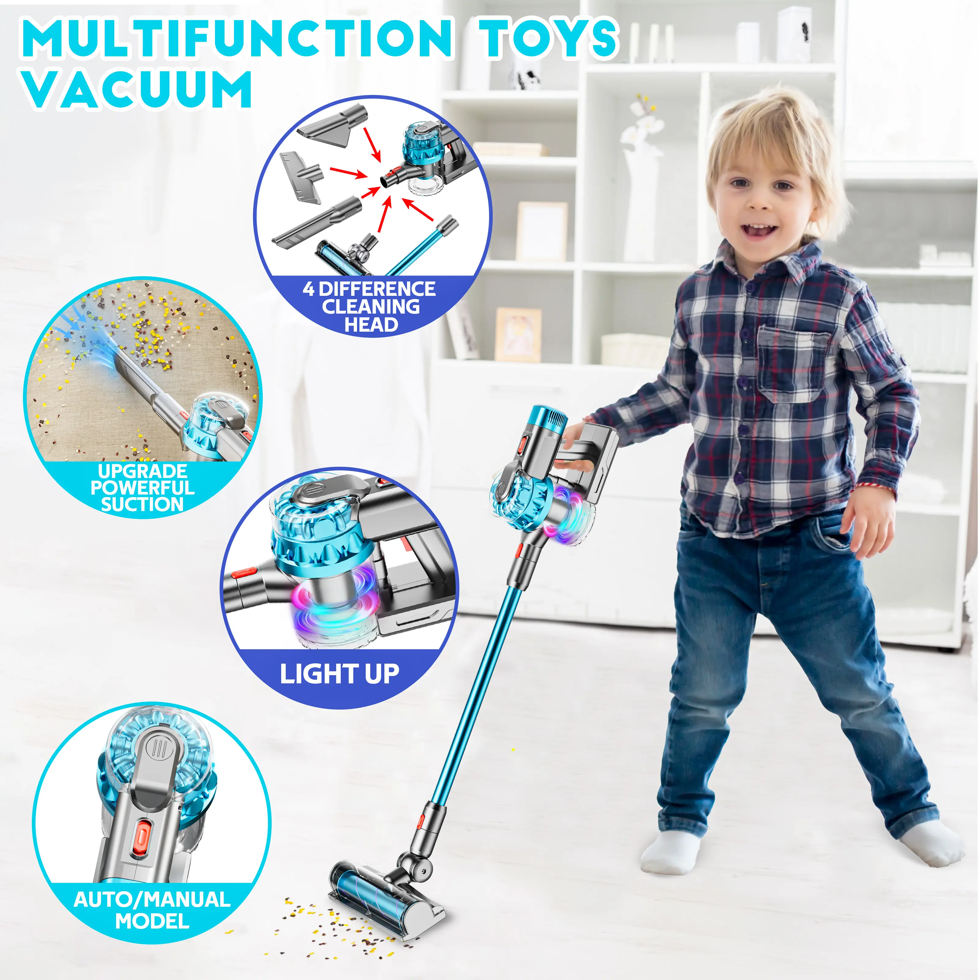 BLAXTEM 4-in-1 Kids Vacuum Cleaner Set-NOT a Real Cleaning Vacuum & Interactive Play for Toddlers AA Batteries Supply- Kids Christmas Gift Warm Up for Holiday, Perfect Birthday Gift for Boys & Girls Ages 3-7+ toy vacuum cleaning Pretend Play Set Durable s