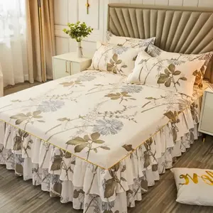 Floral Print Ruffled Edge Bed Skirt Set, 2/3 Counts Soft Comfortable Breathable Bedding Set, Including Bed Skirt & Pillowcase, Halloween Decor Bedroom Accessories, Decorative Bedsheet Sets