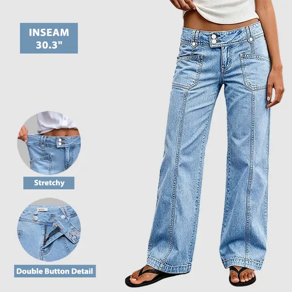 Flamingals Wash Asymmetrical Stitch Detail Mid Waist Wide Leg Jeans Womenswear Stretchy 30.3" Inseam Flamingals Wash Asymmetrical Stitch Detail Mid Waist Wide Leg Jeans Womenswear Stretchy 30.3" Inseam