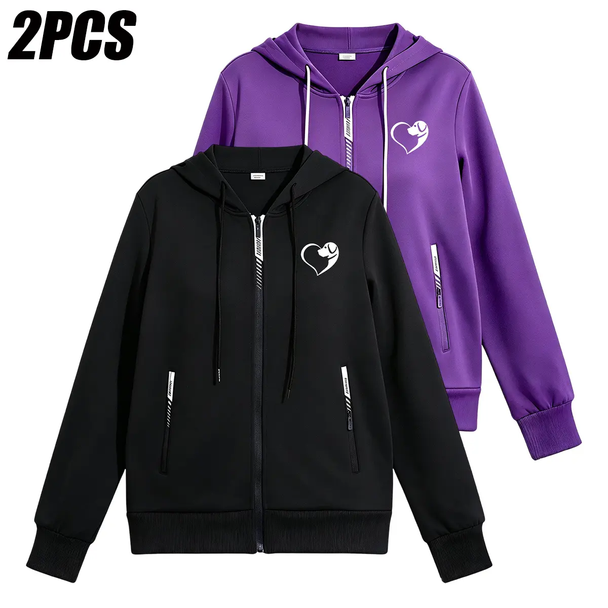 JOGWAVE 2PCS Women’s Full-Zip Hooded Jacket with Heart Print, Drawstring & Zipper Safety Pocket | Soft Ribbed Trim, Regular Fit Outerwear Suitable for Walking, Commuting, School, and Everyday Wear