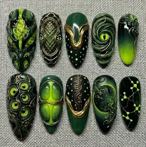 Dark Fantasy Press On Nails, Alien Monster Eye Nail Art, Green Gothic Sci Fi Nails, 3D Creature Handmade Alternative Fake Nails