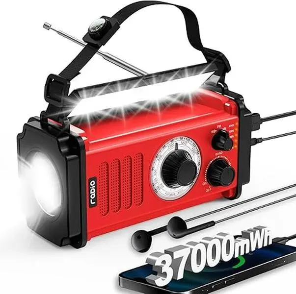 37000mWh Hand Crank Solar Emergency Radio - AM/FM/NOAA Weather Alerts, USB Port, SOS Alarm, Flashlight, Reading Lamp, Headphone Jack, ABS Build, 6.69×2.83×3.26 in for easy packing, Outdoor Ready Solar Lights, USB Cable Charger for Survival, Winter Storms,