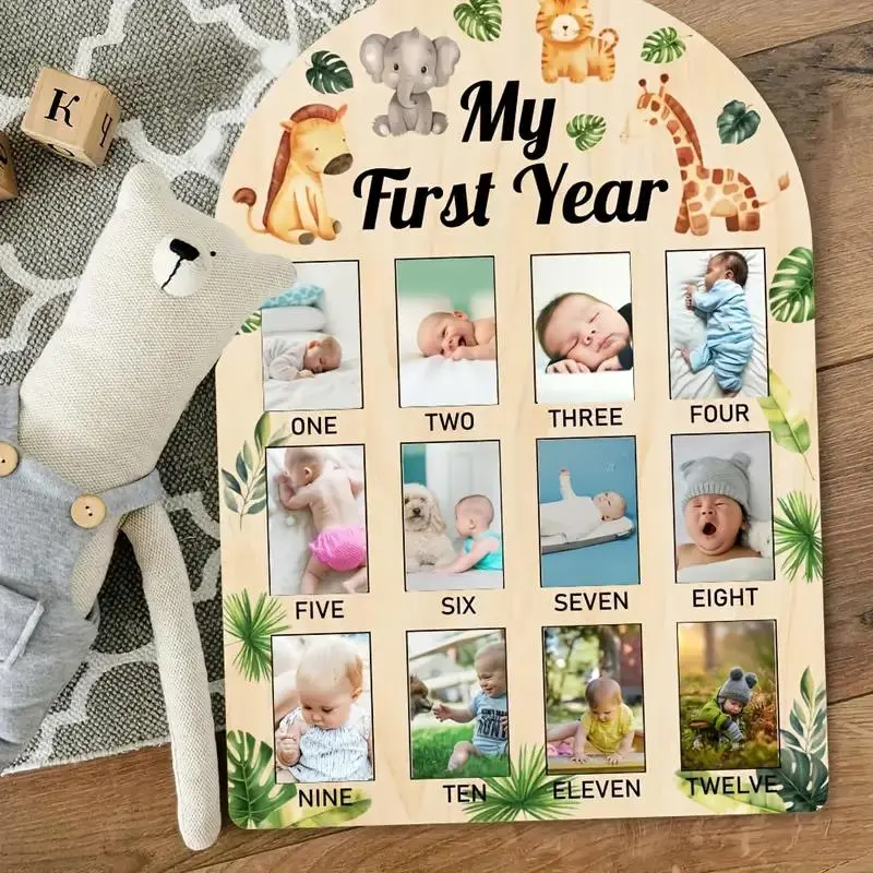 Wooden Baby Milestone Board, 1 Count Jungle Animal Pattern 12 Months Newborn Milestones Growth Photo Display, Wall Hanging 1st Birthday Party Decor, Wood Sign, Cute Home Decor Products