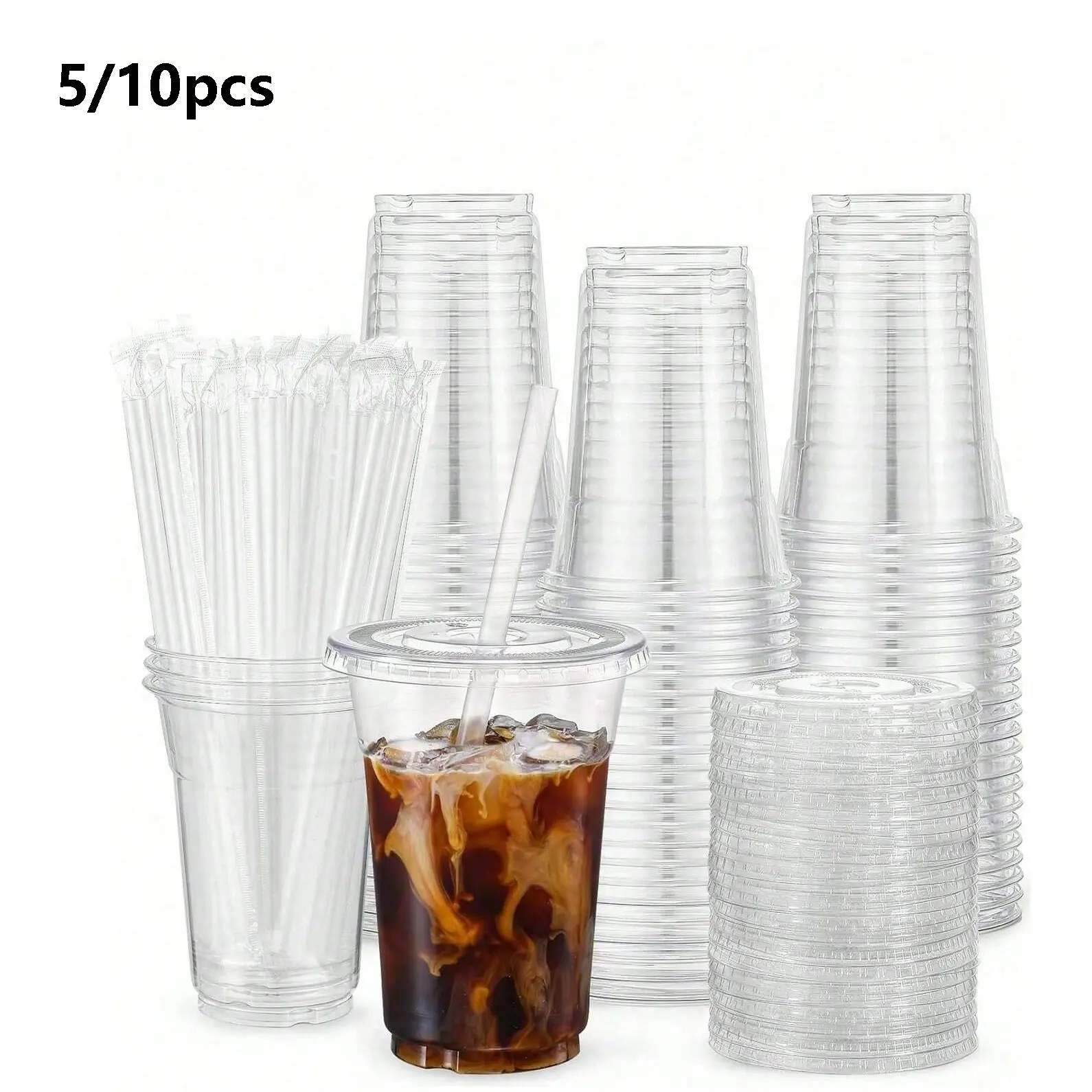 5/10pcs Transparent Plastic Cups with Lids, Disposable Tableware, 5/10pcs, Ideal for Ice Coffee, Smoothies, Milkshakes, Perfect for Weddings, Parties, Graduations, Party Supplies, Plastic Clear Cups