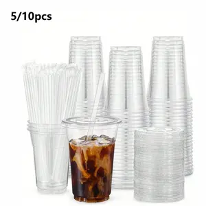 5/10pcs Transparent Plastic Cups with Lids, Disposable Tableware, 5/10pcs, Ideal for Ice Coffee, Smoothies, Milkshakes, Perfect for Weddings, Parties, Graduations, Party Supplies, Plastic Clear Cups