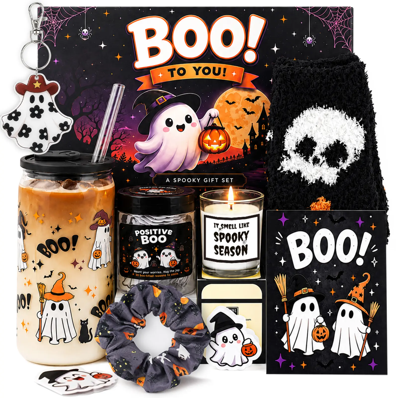 Spooky BOO Basket Gift Set, Halloween Ghost Gift Box for Best Friends, Coworkers, Teens, Girls & Halloween Party Gifts