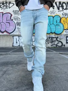Men's High Street Streetwear Vintage Wash Mud Blue Light Color Plain Elastic Denim Pocket Jeans, Menswear, Casual Slim-Fitting Long Pants for All Seasons