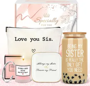 Sister Gifts from Sisters – Birthday Gift Set for Women with Funny Glass Cup, Makeup Bag, Candle, Bracelet & Jewelry Tray