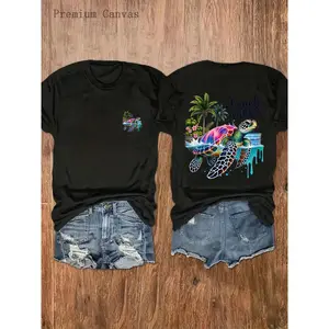 1Pc Women'S T-Shirt |     Beach Vacation 100% Soft Breathable Pattern Printed Bohemian Style, Crew Neck Casual Short Sleeve With Sea Turtle & Beach Vibes Graphic, Tropical Relaxed Atmosphere Tee