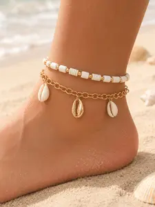 2-Piece Shell Anklet Set for Women, Gold Chain Cowrie Shell Anklet and White Beaded Anklet, Boho Beach Layered Ankle Bracelet Jewelry for Summer Vacation