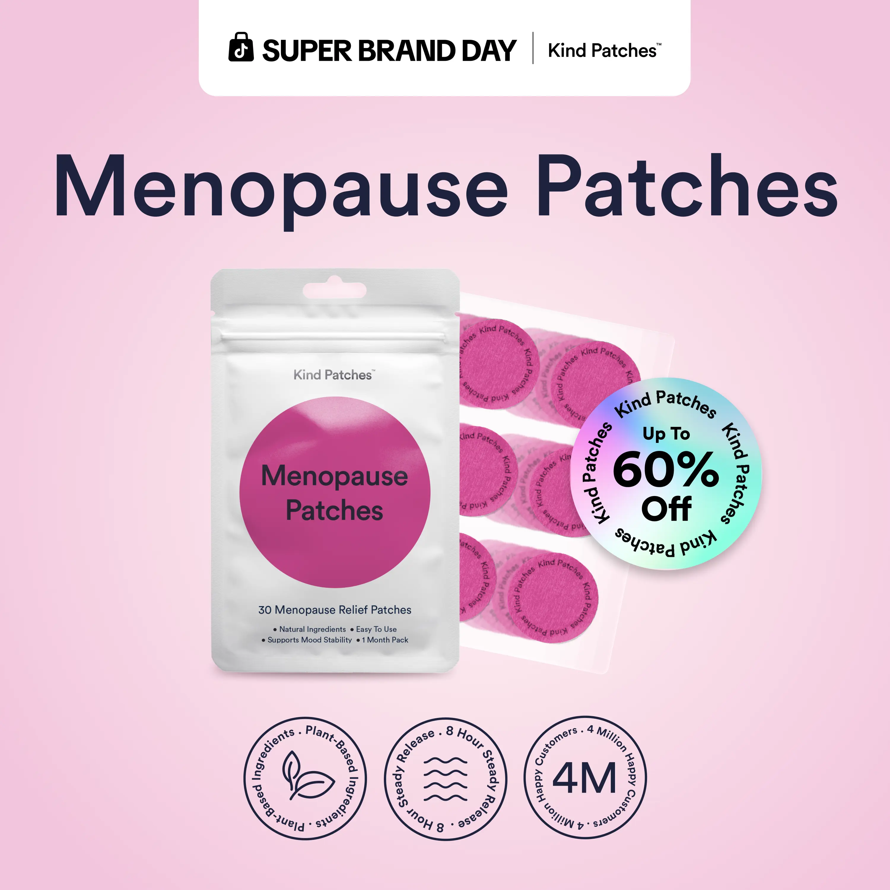 Kind Patches, Menopause Patches, 30 Menopause Relief Patches: Natural Ingredients, Easy To Use, Supports Mood Stability, 1 Month Pack