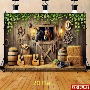 2D Flat Banner, 1pc 8x6ft Polyester Party Banner, Decorative Banner - Rustic Country Barn Scene Backdrop, Wedding Party Backdrop, Farmhouse Musical Instruments & Horses Design, Versatile Indoor & Outdoor Decor for Room, Studio, Home & Garden Celebrations