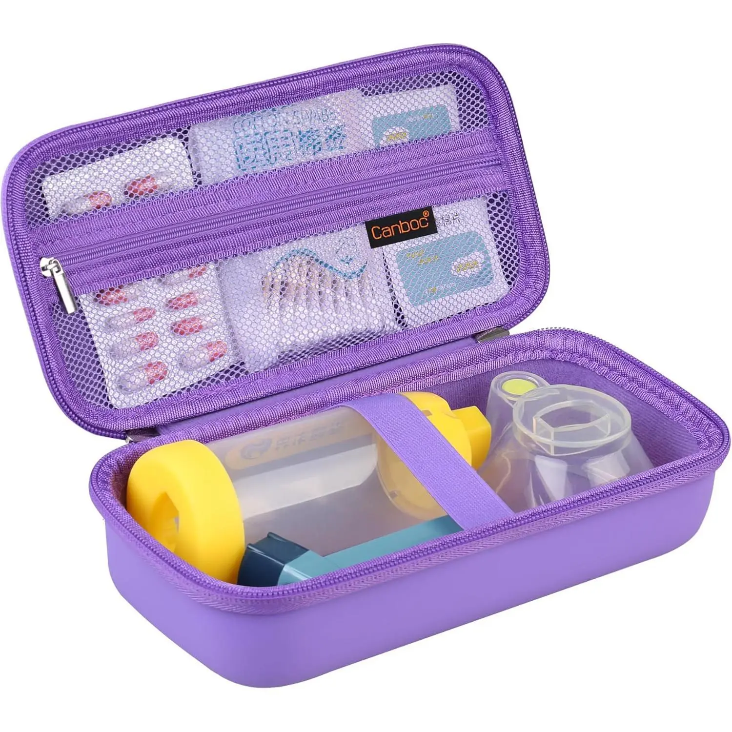 Hard Asthma Inhaler Carrying Case - PU+EVA Travel Friendly Kit with Mesh Pocket, Elastic Band Hold, Compact Fit for Handheld Spacer, Masks, Medicine, Business & Home Organizer Storage Needs (Purple)