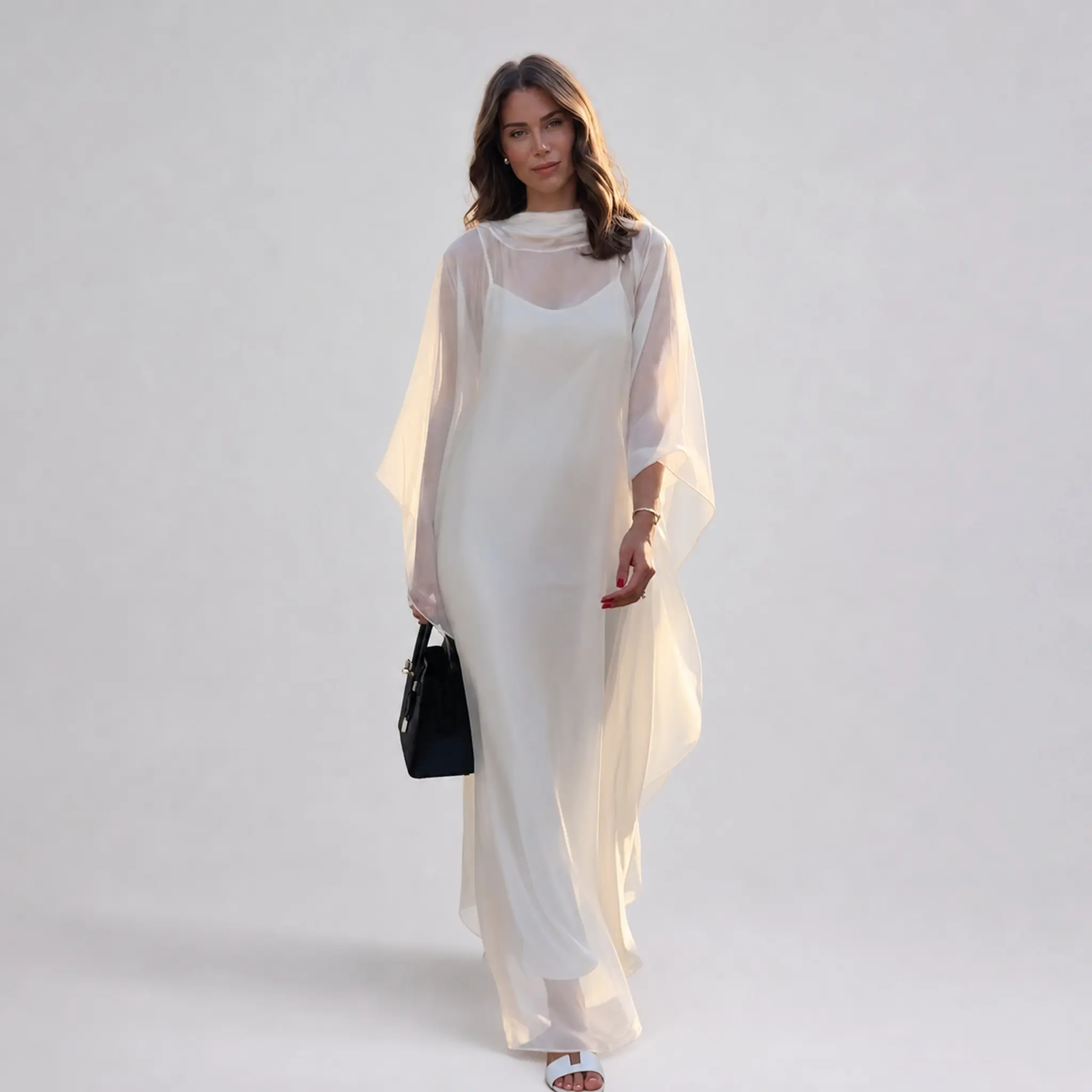 LikeMyChoice Women Flowy Chiffon Maxi Dress Set Sheer High Neck Cape Cover Up Satin Slip Long Dress Vacation Wedding Guest Outfit