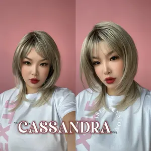 JBEXTENSION 18 Inches Ash Blonde White Wig with Bangs Women Fashion Full Machine Wig CASSANDRA【PLUS PERMATEASE】