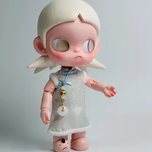1/8 movable new Chinese‑style light blue jacquard qipao doll outfit with plush trim and frog buttons; trendy Chinese‑style doll outfit