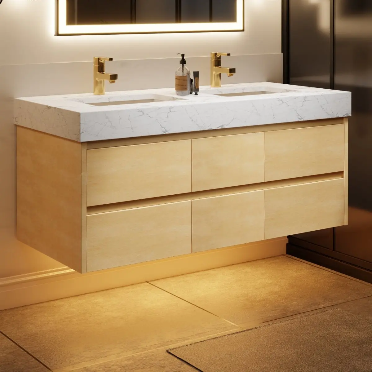 Sleek 48" Light Maple Bathroom Vanity with Dual Sinks, Stone Slab Countertop, and Integrated Lights