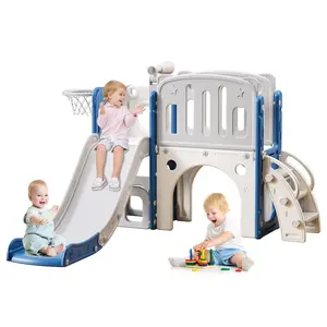 8 in 1 Toddler Slide for Toddlers Age 1-3, Extra-Long Slide with Basketball Hoop Indoor and Outdoor Baby Climber Playset Playground Freestanding Slide