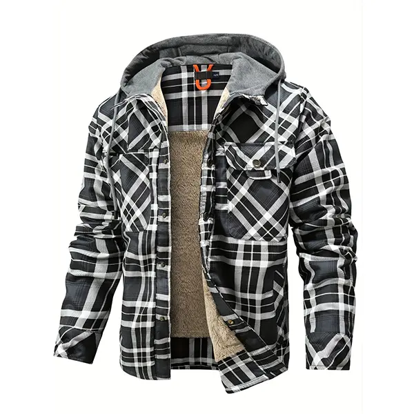 Grandclad Menswear Checked Sherpa-Lined Flannel Shirt Jacket, Men's Long Sleeve Casual Coats with Snap Buttons, Warm Winter Pockets