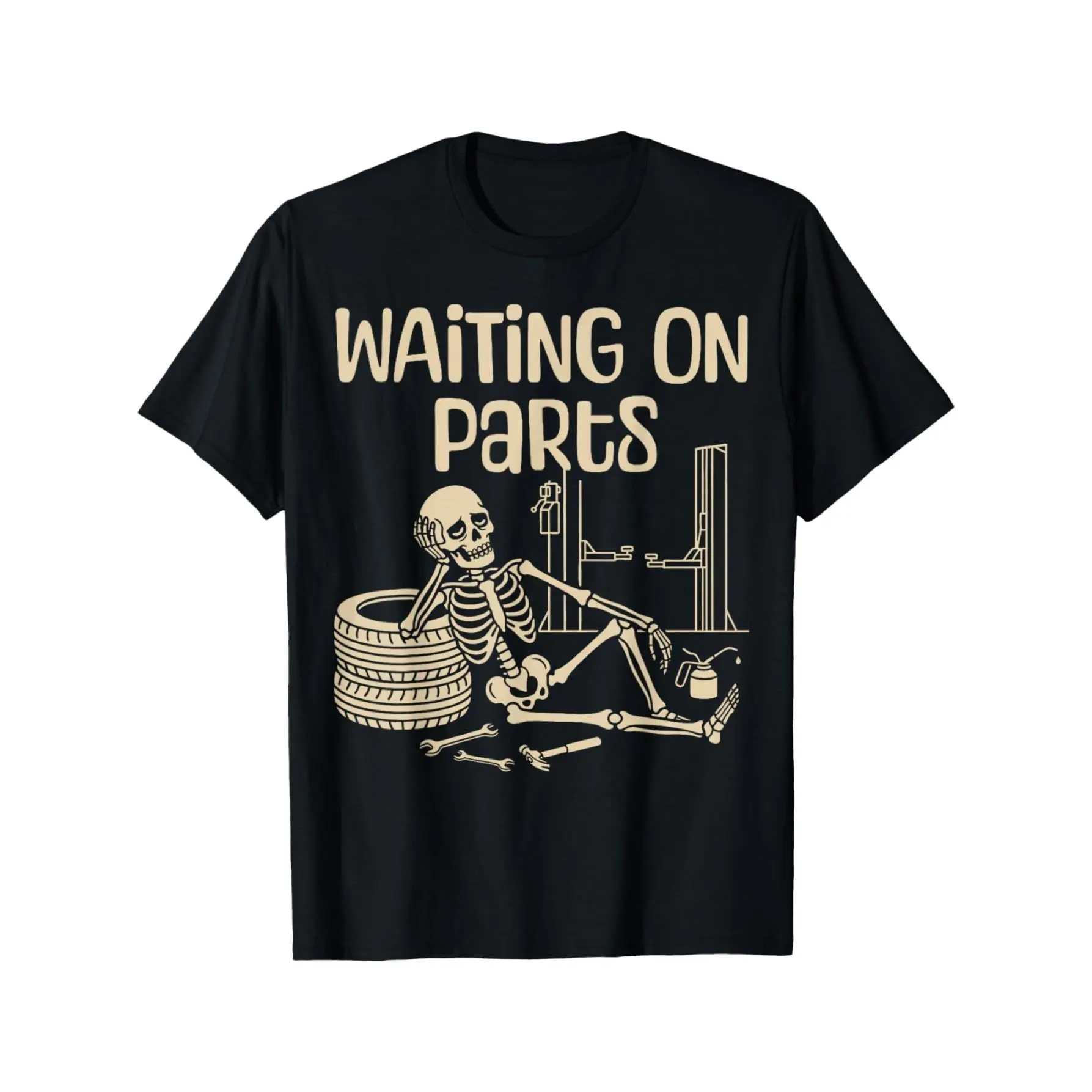 Men's Comfy Cotton Short-Sleeve Oversized Black T-Shirt - Waiting On Parts Skeleton Mechanic Garage Graphic, Relatable Auto Repair Dark Humor Day Wear, Car Mechanics Gift, Shortsleeve, Fabric, Office, Fashion, Menswear, Print, Tshirt, Soft, Round Neck