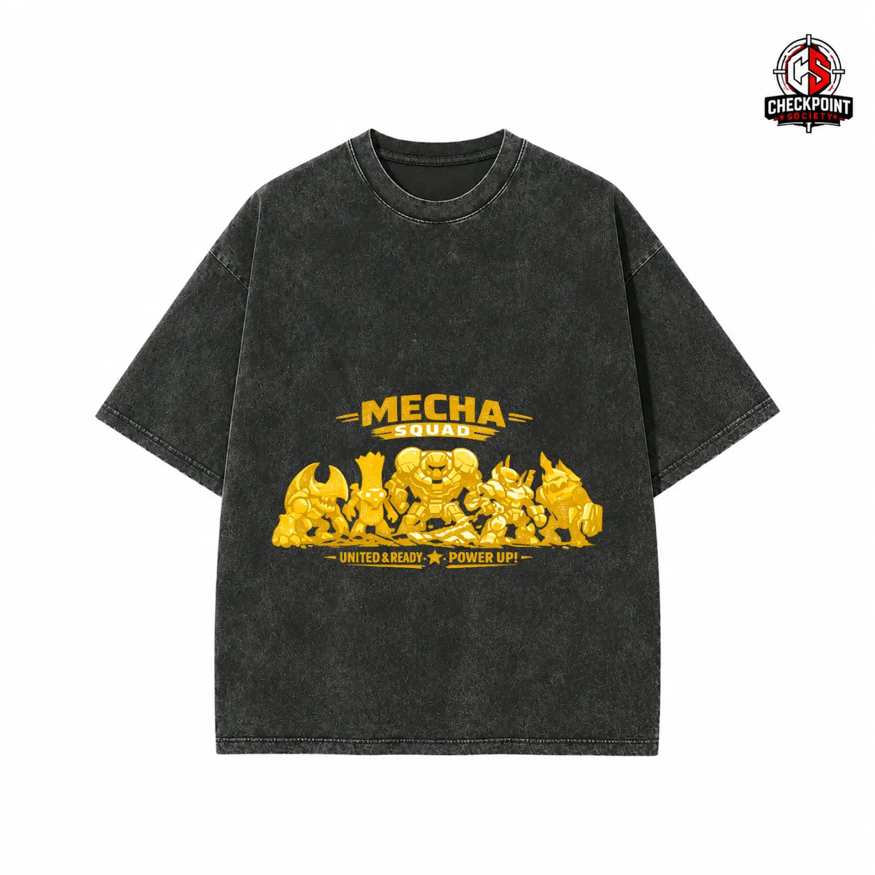 Vintage Washed Black Oversized T-Shirt with Gold Mecha Squad Graphic, Robotic Warrior Illustrations and 'MECHA SQUAD UNITED & READY POWER UP!' Text, Trendy Streetwear Tee for Men, Casual Anime Robot Theme Daily Wear