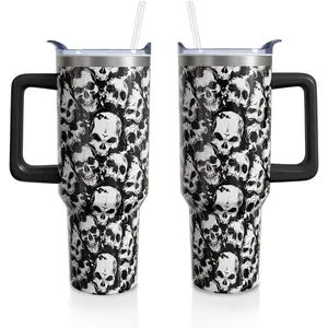 Skull Halloween Gifts for Women Men, Goth Horror Stainless Steel Insulated Travel Coffee Cup, 40 Oz Tumbler with Handle and Straw, Holiday Birthday Water Bottle (1 PC)