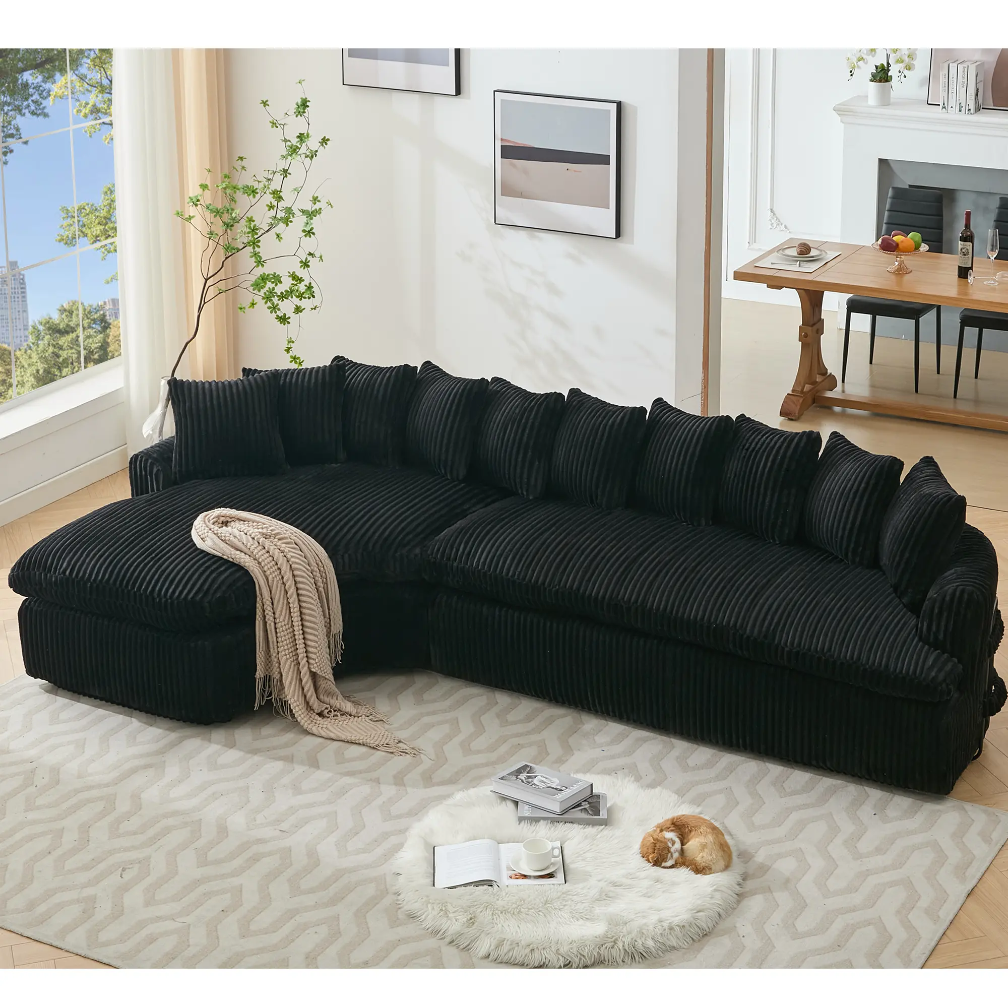 Niccae 127-in Curved L-Shaped Sectional Sofa Bed - Chenille Fabric Couch, Modern Chenille Couch, Reversible Chaise, High-Resilience Foam, 10 Back Cushions, No Assembly Required, 2-Box Shipment, for Living Room