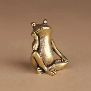 Handmade Brass Frog Sculpture, Vintage Inspired Meditation Pose, Polished Metal Finish, Unique Home Decor Ornaments Gift for Collectors